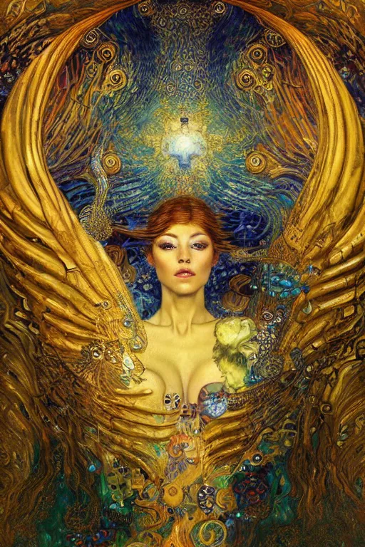 Prompt: Visions of Paradise by Karol Bak, Jean Deville, Gustav Klimt, and Vincent Van Gogh, visionary, otherworldly, radiant halo, fractal structures, infinite angelic wings, ornate gilded medieval icon, third eye, spirals, heavenly spiraling clouds with godrays, airy colors