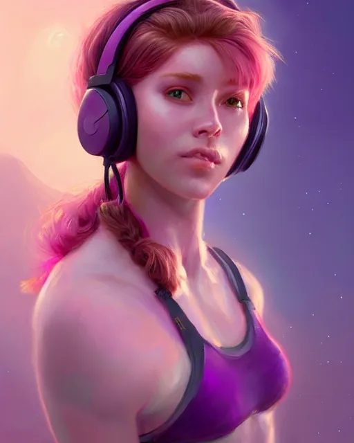 Image similar to cute female gamer, perfect face, pink headphones, purple halter top, ginger hair, abs, cinematic, stunning, athletic, strong, agile, highly detailed, psychedelic, digital painting, artstation, smooth, hard focus, illustration, art by jessica rossier and and brian froud