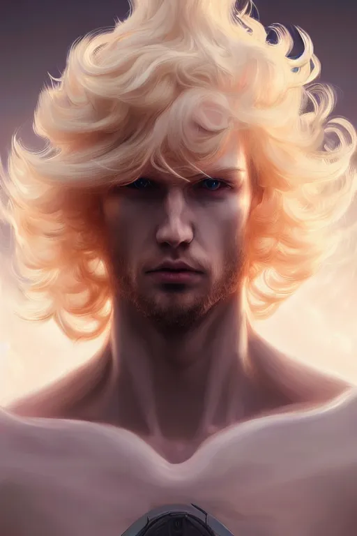 Prompt: digital art of a pale menacing male Cyborg Angel of Battle with fluffy blond curls of hair and piercing eyes, central composition, he commands the fiery power of resonance and wrath, very very long blond curly hair, baroque curls, by WLOP, Artstation, CGsociety