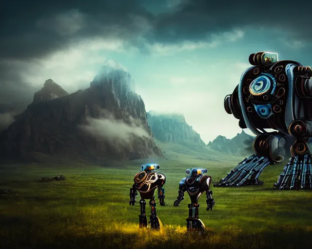 Prompt: two giand futuristic Sci-Fi robot fighting each other, landscape, steampunk, gears, close up, cloudy, mountains on background, peaceful day