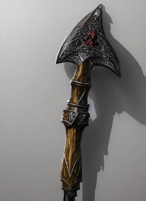 Image similar to A fantasy comic book style portrait painting of a fantasy axe on a white background, unreal 5, DAZ, hyperrealistic, octane render, RPG portrait, ambient light, dynamic lighting