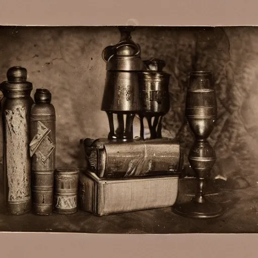 Image similar to Tintype photograph of primitive objects displayed in an ethnographic museum, archive material, anthropology, 1920s studio lighting.