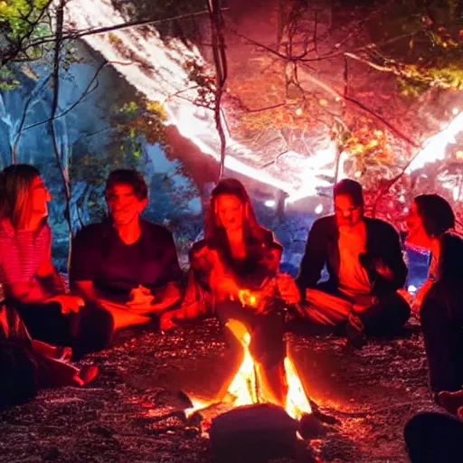 Image similar to 6 people sitting around a fire, singing. red neon lights tables nearby