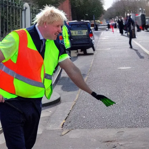 Prompt: A fine art painting of Boris Johnson doing community service in a high vis vest, he is picking litter on a British street