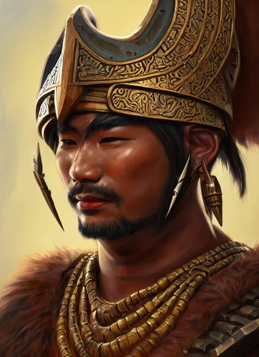 Prompt: smart tai warlord, closeup portrait, historical hero, ethnic group, tai costume, bronze headdress, intricate, with leather armor cross on bare chest, elegant, loin cloth, highly detailed, oil painting, artstation, concept art, matte, sharp focus, illustration, hearthstone, art by earl norem