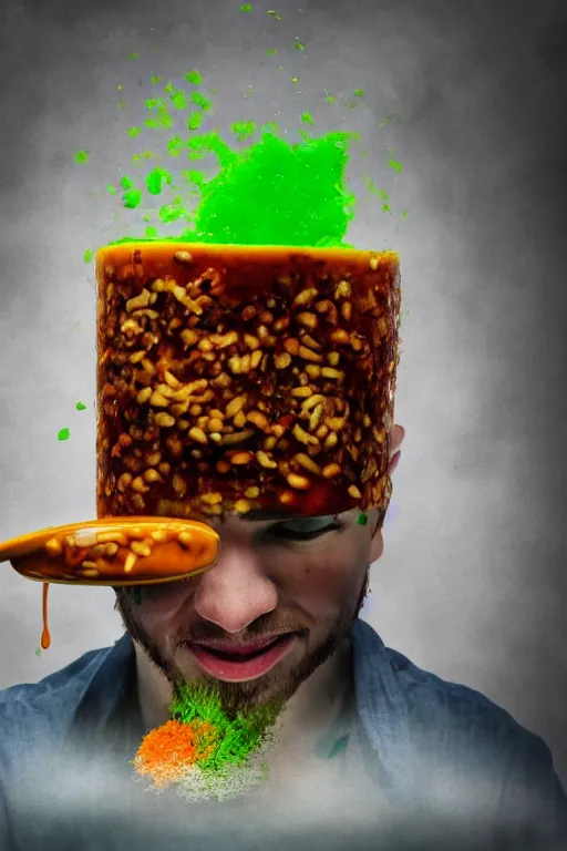 Image similar to 📷 jacksepticeye bathing in soup, made of food, head portrait, dynamic lighting, 4 k