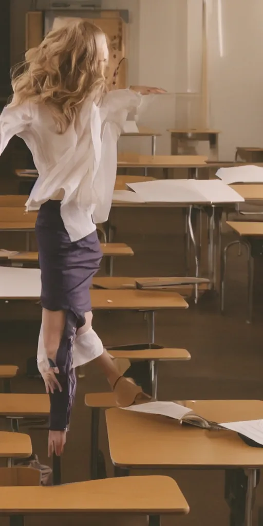 Prompt: tilted frame, dutch angle, skewed shot, film still of stylish girl dancing on school desk, cinematography from music video, intricate, elegant, highly detailed, smooth, sharp focus,