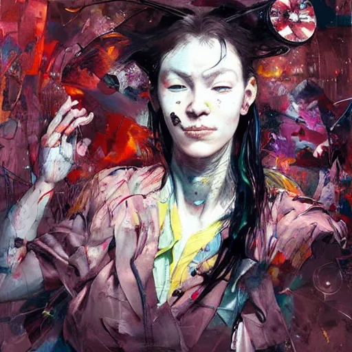 Image similar to grinning woman in a vr headset, dynamic energic pose, cyberpunk in the style of adrian ghenie, esao andrews, jenny saville, surrealism, dark art by james jean, takato yamamoto