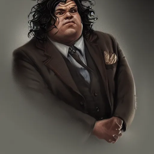 Image similar to a portrait of a short fat man with long curly black hair and a brown suit, D&D, sci-fi, elegant, hopeful, muscular, highly detailed, digital painting, artstation, concept art, smooth, sharp focus, illustration