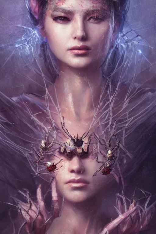 Image similar to a fancy portrait of a spider queen by Greg Rutkowski, Sung Choi, Mitchell Mohrhauser, Maciej Kuciara, Johnson Ting, Maxim Verehin, Peter Konig, final fantasy , mythical, 8k photorealistic, cinematic lighting, HD, high details, atmospheric,