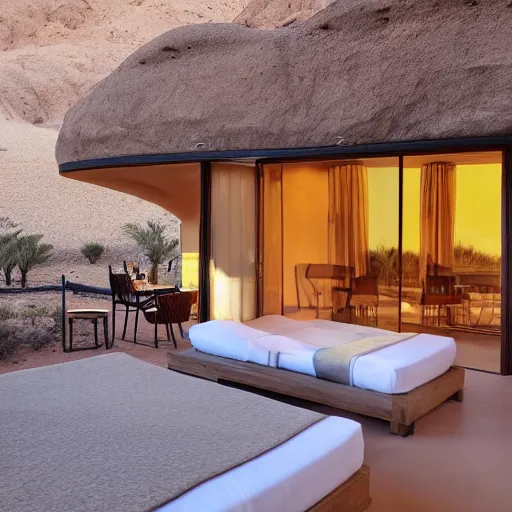 Image similar to natural modern hotel in the desert, high detaild, realistic, golden ratio