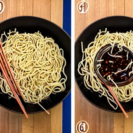 Image similar to making of an edible giraffe from noodles and soy sauce in 4 steps, starting with a bowl of noodles and ending with a noodle giraffe, each step is a progression from the last, dslr