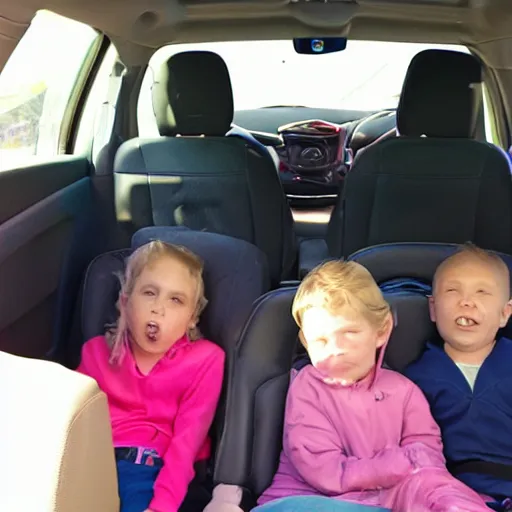 Prompt: the kids on the back seat making a fudging mess