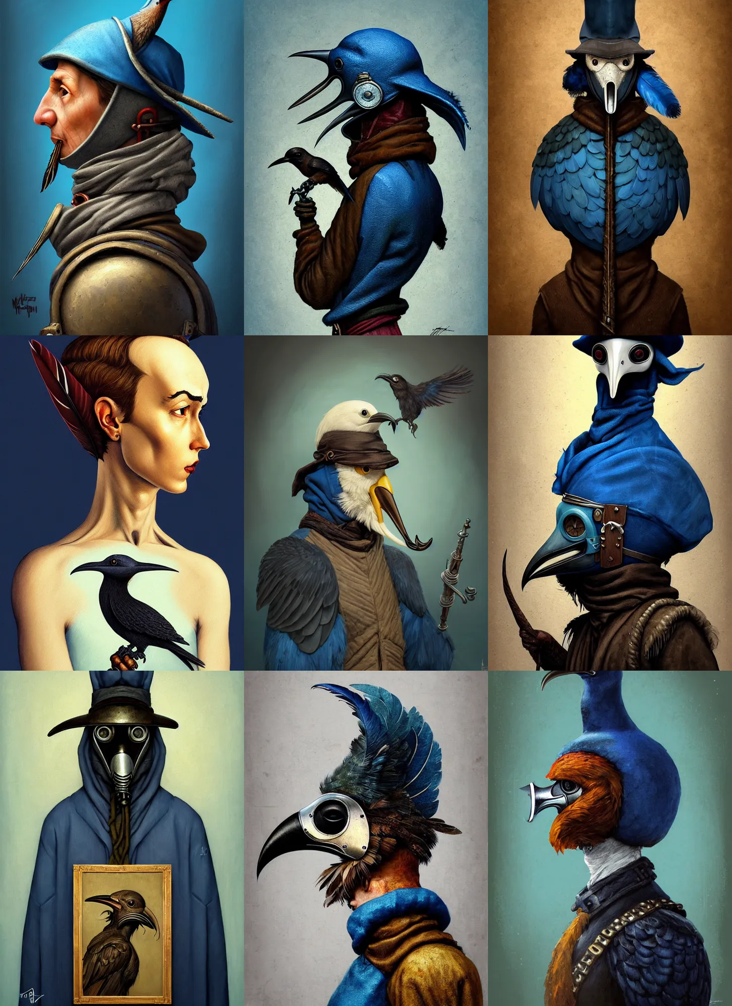 Prompt: rpg! profile!! portrait of humanoid bird on white background, beak, feathers, plague doctor, vintage doll, blue clothes, intricate, highly detailed, digital painting, artstation, concept art, smooth, sharp focus, illustration, art by norman rockwell emiliano ponzi andrey remnev yoann lossel aaron jasinski, 8 k