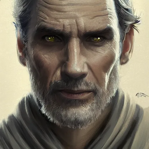 Image similar to portrait of a man by greg rutkowski, old jedi master, he looks like sam witwer, wearing gray jedi robes, star wars expanded universe, he is about 6 0 years old, highly detailed portrait, digital painting, artstation, concept art, smooth, sharp foccus ilustration, artstation hq