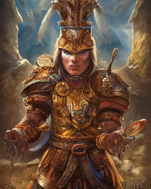 Prompt: digital painting of incan lancer, by filipe pagliuso and justin gerard, symmetric, fantasy, highly detailed, realistic, intricate, portrait, sharp focus, tarot card