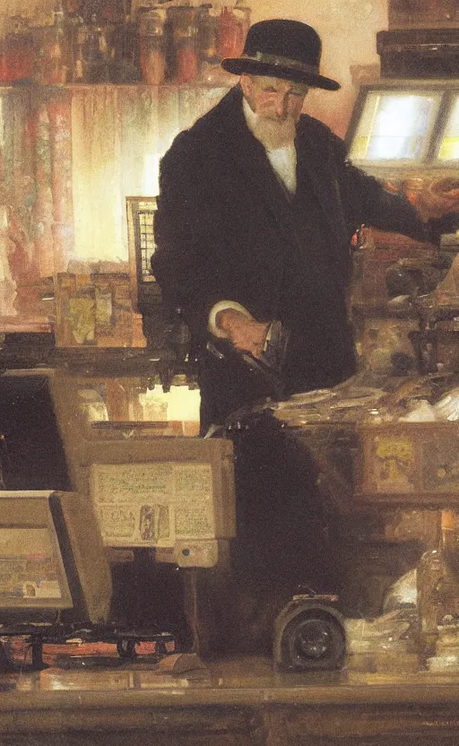 Prompt: the grime reaper working the cash register at the local walmart by john blanche and delphin enjolras and daniel f. gerhartz