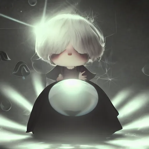 Prompt: cute fumo plush girl gazing into a crystal ball swirling with strange energy, black and white, smoke and volumetric fog, witch girl, soothsayer, lens flare glow, chibi anime, vray