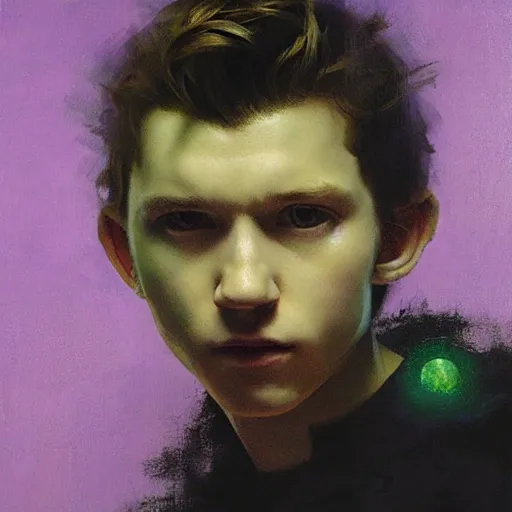 Image similar to tom holland wearing green tunic holding glowing purple orb by ruan jia, portrait