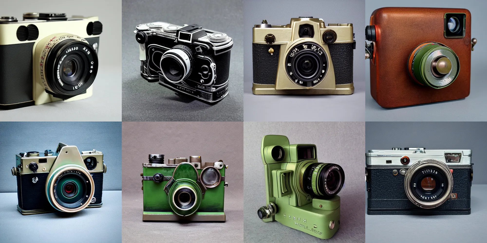 Prompt: photograph of a Yoda inspired medium format TLR camera!!! . very detailed. plain background. 8K . still life photo. elegant vintage design.