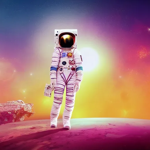 Image similar to A wide angle shot from below of a female astronaut with a feminine body walking with swagger towards camera on mars in an infinite universe , synthwave digital art