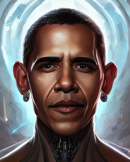 Image similar to portrait of holy cyborg barack obama, fantasy, intricate, elegant, highly detailed, digital painting, artstation, concept art, smooth, sharp focus, illustration, by artgerm and greg rutkowski