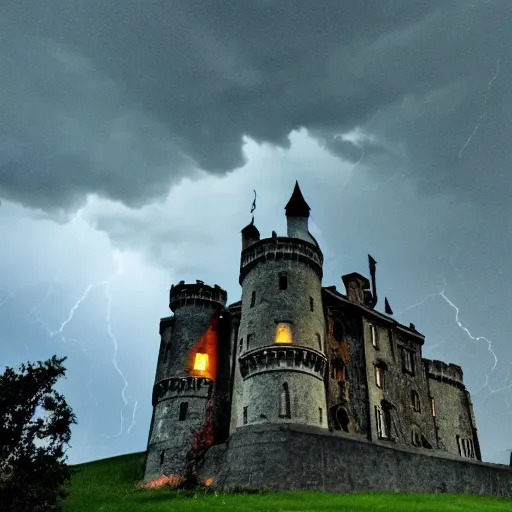 Prompt: a spooky castle on a hill illuminated by a lightning strike