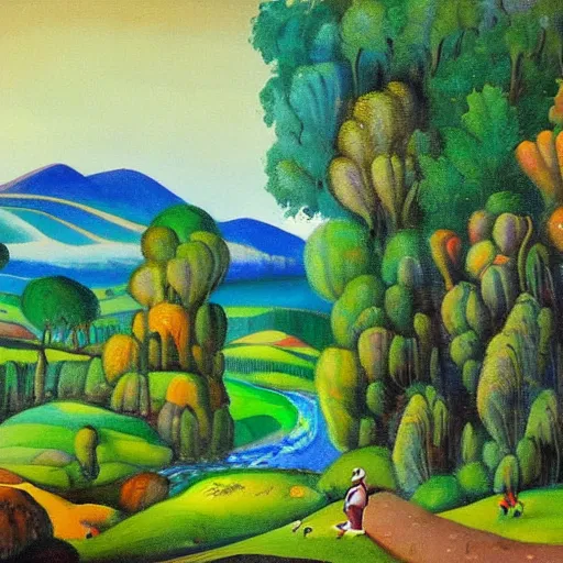 Image similar to A beautiful painting of a landscape. It is a stylized and colorful view of an idyllic, dreamlike world with rolling hills, peaceful looking animals, and a flowing river. The scene looks like it could be from another planet, or perhaps a fairy tale. harlequin by William Gropper defined