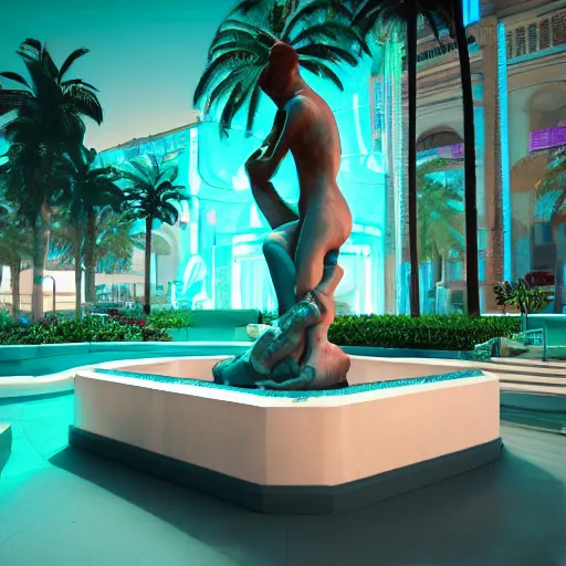 Image similar to a broken statue in a surreal underground white tiled swimming pool surrounded by neon lights and palm trees in vapor wave style, 3D octane render, hyperrealistic, dramatic lighting, unreal engine, houdini, 8k, 4k, raytracing