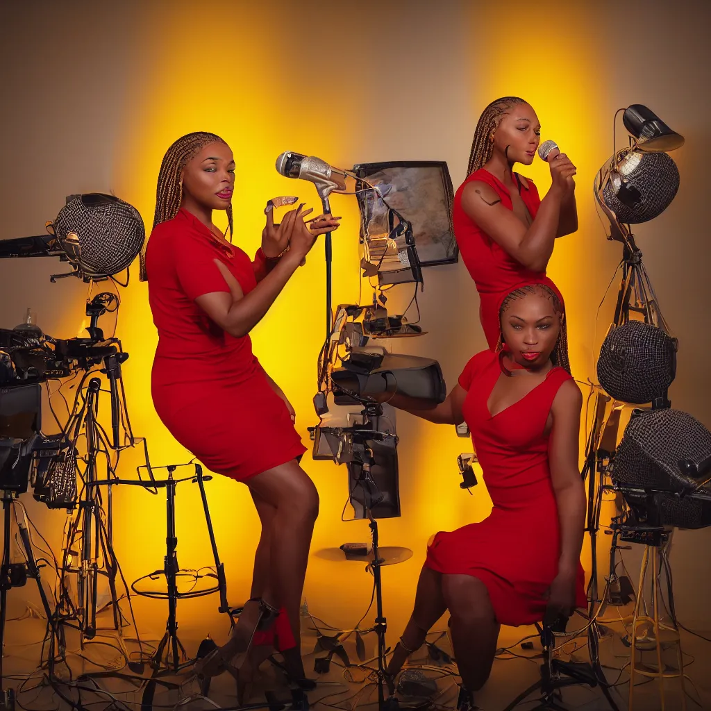 Image similar to illustration of a light-skinned black woman wearing cornrows sings into a microphone in a studio, medium shot, she is wearing a red dress, sitting on a stool, and 4 or 5 yellow lamps are hanging around her, ambient light, unreal engine, Bijou Karman