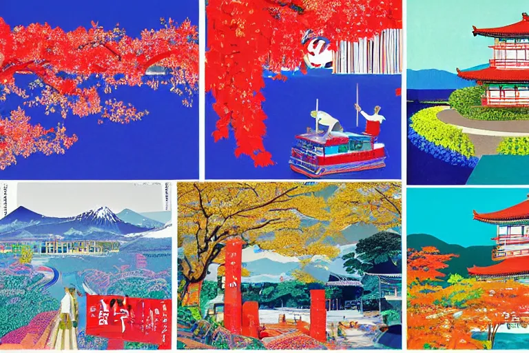 Image similar to award winning graphic design poster, photocollage art depicting a variety of japan travel, beauty, tastes, crafts and more, photocollage painting by National Geographic and David Hockney