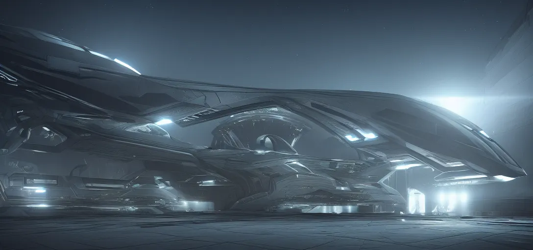 Prompt: dramatic render of exterior of dark futuristic spaceship at night, nebula, ambient occlusion, raytracing, unreal engine, detailed, 3 d artstation by h. r giger and neil blevins