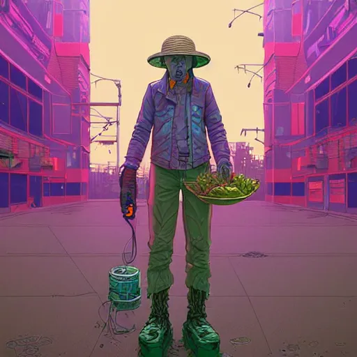 Image similar to A solarpunk farmer cyborg on the street of a solarpunk city art by Josan Gonzalez, sci-fi, highly detailed, digital painting, artstation, smooth, sharp focus, illustration, concept art by Josan Gonzalez and James Gurney and Mœbius