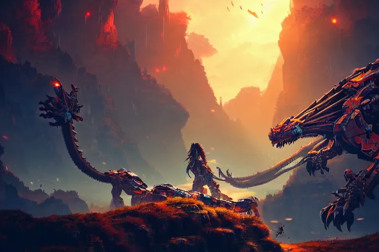 Image similar to dragon machine mecanical creature robot of horizon forbidden west horizon zero dawn bioluminiscence global illumination ray tracing hdr fanart arstation by ian pesty and alena aenami artworks in 4 k