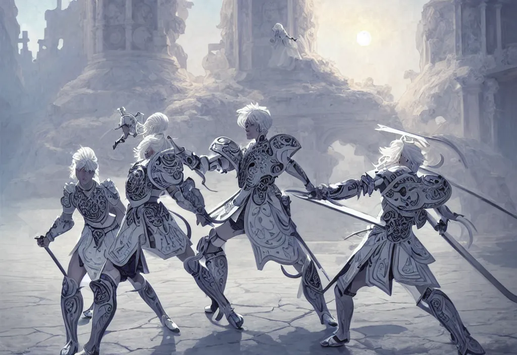 Image similar to white hair knights of zodiac gir, matt white ice color armor, are combat fighting each other with magical sci - fi weapon in ruined agora of athens sunrise, intricate and elegant, highly detailed, digital painting, artstation, concept art, smooth and sharp focus, illustration, art by tian zi and wlop and alphonse mucha