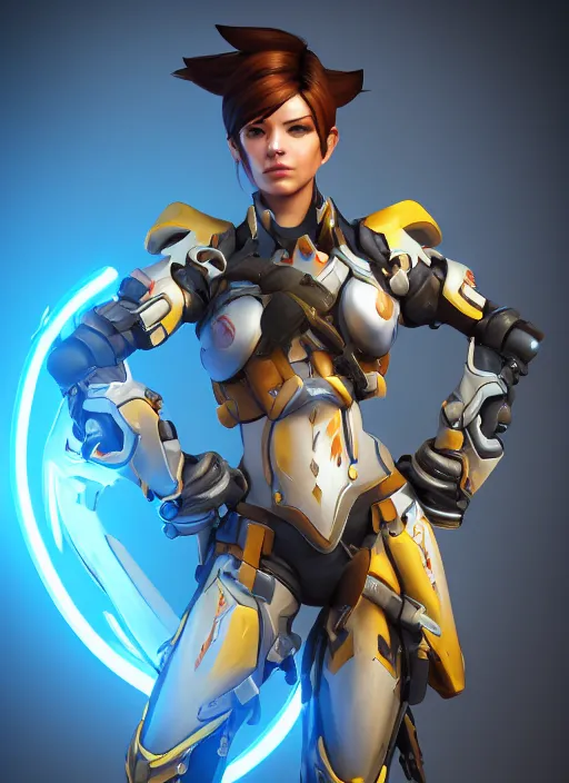 Prompt: a hyper realistic portrait of a female warrior wearing overwatch armor, tracer, mercy from overwatch, concept art, photograpphy, realisitic, back lit, cinematic ligting, 8 k, vray, concept armor, artstation