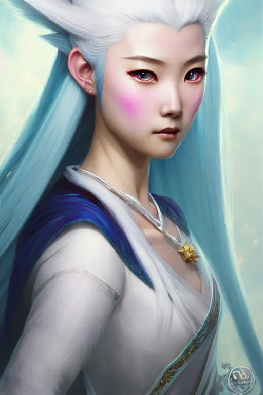 Image similar to Princess Yue with white hair from avatar the last airbender, fantasy, intricate, elegant, highly detailed, digital painting, artstation, concept art, matte, sharp focus, illustration, art by Artgerm and Greg Rutkowski and Alphonse Mucha