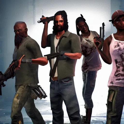 Prompt: photo of left 4 dead team holding weapons and ready for a fight, unreal engine high resolution detailed 8 k