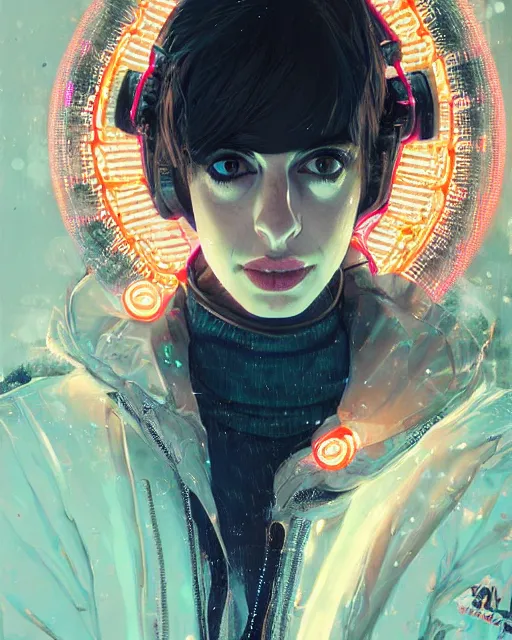 Image similar to detailed portrait Anne Hathaway Neon Operator Girl, cyberpunk futuristic neon, reflective puffy coat, decorated with traditional Japanese ornaments by Ismail inceoglu dragan bibin hans thoma greg rutkowski Alexandros Pyromallis Nekro Rene Maritte Illustrated, Perfect face, fine details, realistic shaded, fine-face, pretty face