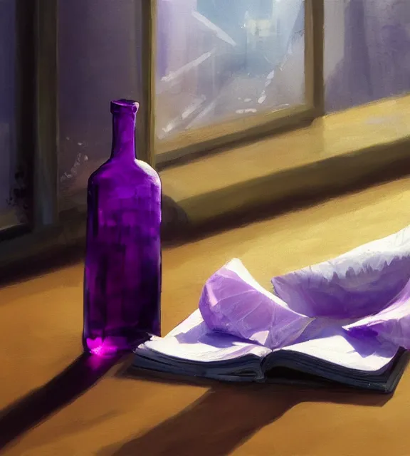 Prompt: a purple potion in a round bottle on a messy brown table, papers, sunlight, window, reflections. by makoto shinkai, stanley artgerm lau, wlop, rossdraws, james jean, andrei riabovitchev, marc simonetti, krenz cushart, sakimichan, d & d trending on artstation, digital art