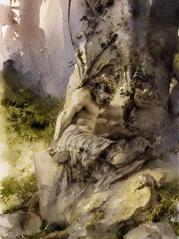 Prompt: abstract watercolor painting of scandinavian roman god monument, in stone and marble, covered in moss, magical and traditional, runes, cinematic light, national romanticism by anders zorn, by greg rutkowski, by greg manchess