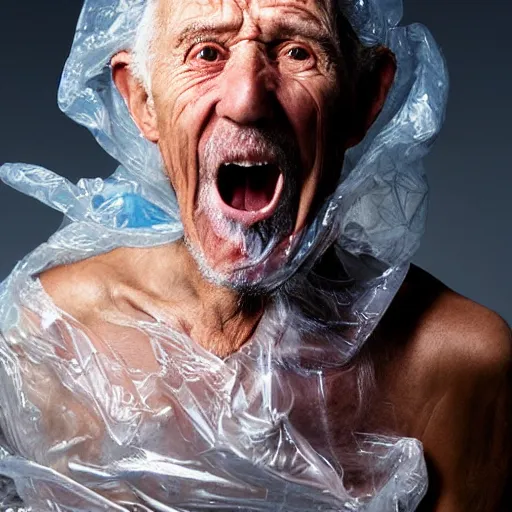 Prompt: a photographic portrait of a rugged elderly man, screaming, behind plastic wrap by Martin Schoeller