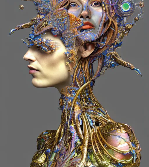 Image similar to polished 3 d model of detailed realistic beautiful young groovypunk queen of andromeda galaxy in full regal attire. face portrait. art nouveau, symbolist, visionary, baroque, giant fractal details. horizontal symmetry by zdzisław beksinski, iris van herpen, raymond swanland and alphonse mucha. highly detailed, hyper - real, beautiful