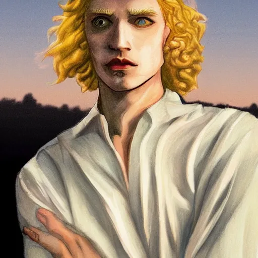 Image similar to the androgynous prince Lucius, head and shoulders masterpiece, pale porcelain skin with long fluffy blond curly hair, in rapture, golden hour, white poet shirt, artstation, in the style of Art Deco and Edward Hopper and Bosch, extremely detailed