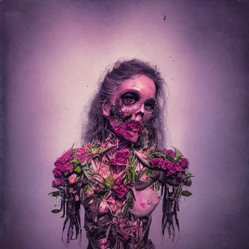 Image similar to a beautiful detailed front view portrait of a rotten woman corpse with plants and fractal flowers growing around, volumetric light, beautiful lit, polaroid photography