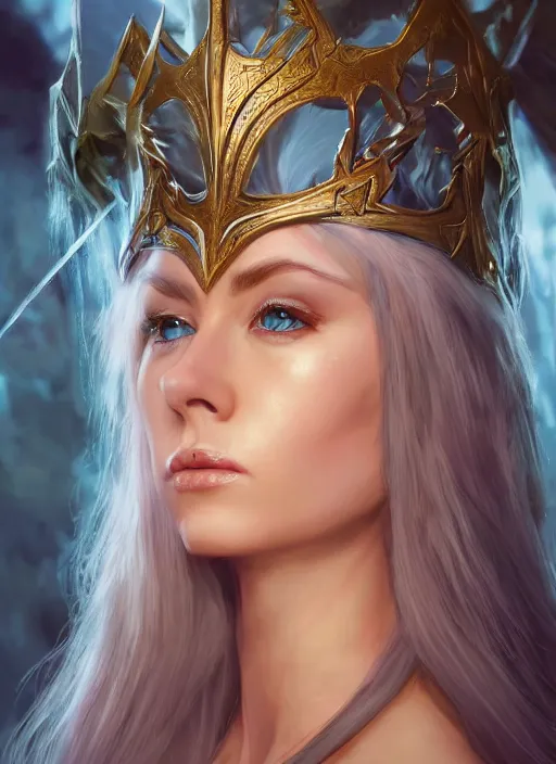 Prompt: Elf queen with long white hair, fantasy, medieval, vivid colors, fantasy, elegant, concept art, sharp focus, beautiful face!!, digital art, Hyper-realistic, 4K, Unreal Engine, Highly Detailed, HD, Dramatic Lighting by Brom, trending on Artstation