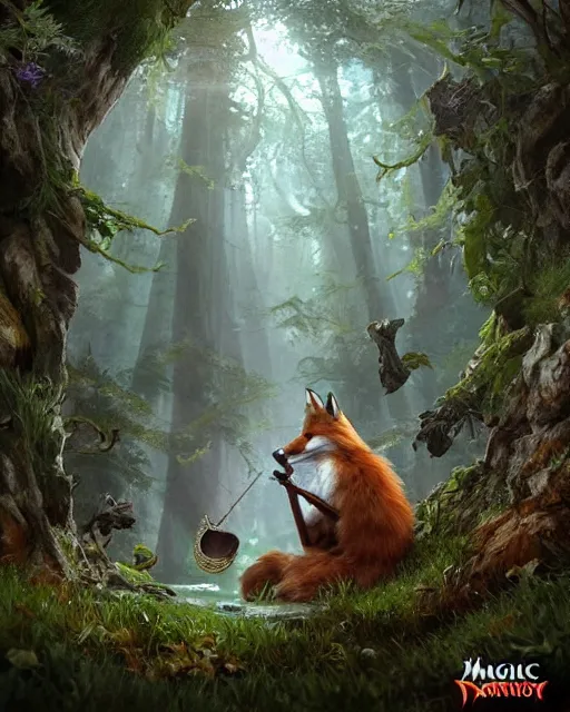 Prompt: Fox, Anthropomorphized, playing harp in magical green forest, magic the gathering artwork, D&D, fantasy, cinematic lighting, centered, symmetrical, highly detailed, digital painting, artstation, concept art, smooth, sharp focus, illustration, volumetric lighting, epic Composition, 8k, art by Akihiko Yoshida and Greg Rutkowski and Craig Mullins, heroic pose, oil painting, cgsociety