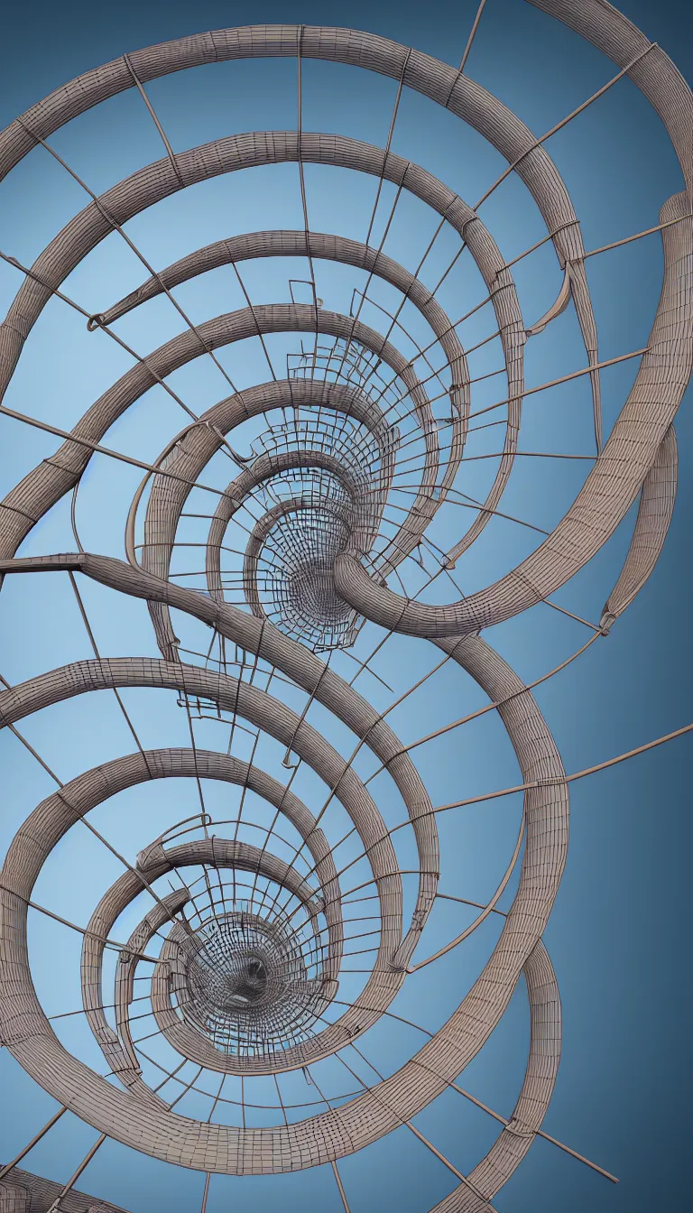 Image similar to highly detailed photo of 3d spiral shape infinity ladder going towards heaven in the style of Greg Rutswoski, wide angle shot, concept art, 8K detail post-processing