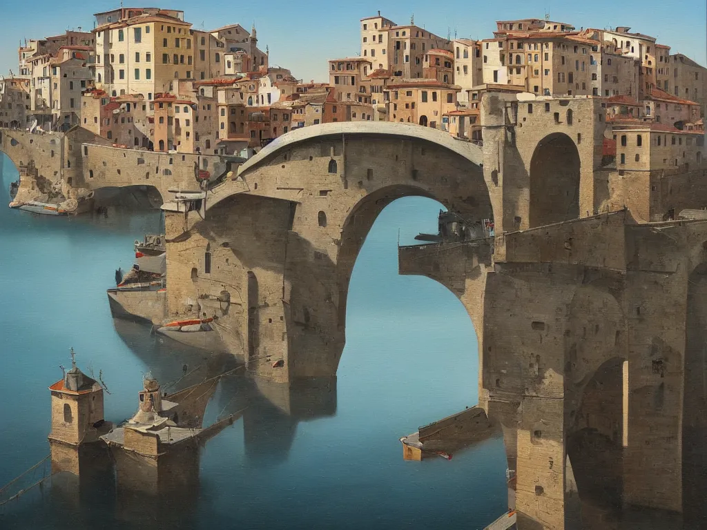 Prompt: A detailed oil painting of a beautiful Italian town and bridge by Michiel Schrijver, isometric