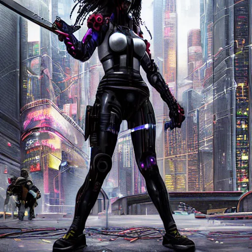 Prompt: cyberpunk girl with a katana in front of a cybernetic building, electric energy, beautiful, full body shot, getting ready to fight, heroic pose, urban motifs, intricate, elegant, highly detailed, digital painting, trending on artstation, concept art, smooth sharp focus, illustration, art by artgerm and greg rutkowski